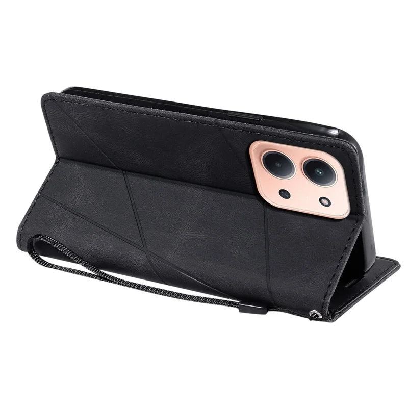 Leather Case for Xiaomi Redmi 15C 4G (EU) (173mm) / 15C 5G (EU) (173mm) / Poco C85 4G (173mm) Imprinted Lines Splicing Wallet Phone Cover - Black