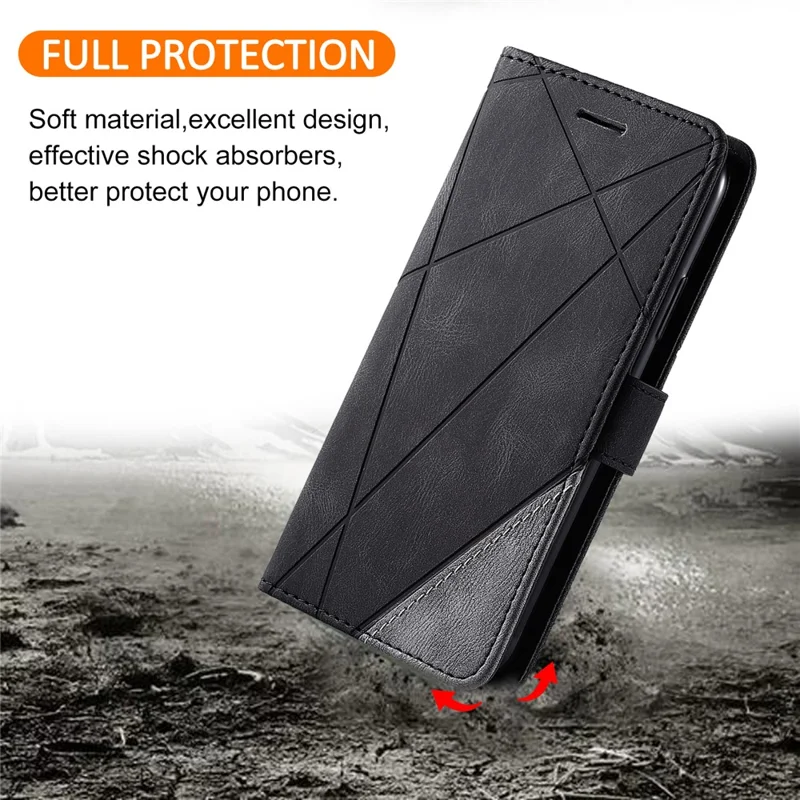 Leather Case for Xiaomi Redmi 15C 4G (EU) (173mm) / 15C 5G (EU) (173mm) / Poco C85 4G (173mm) Imprinted Lines Splicing Wallet Phone Cover - Black