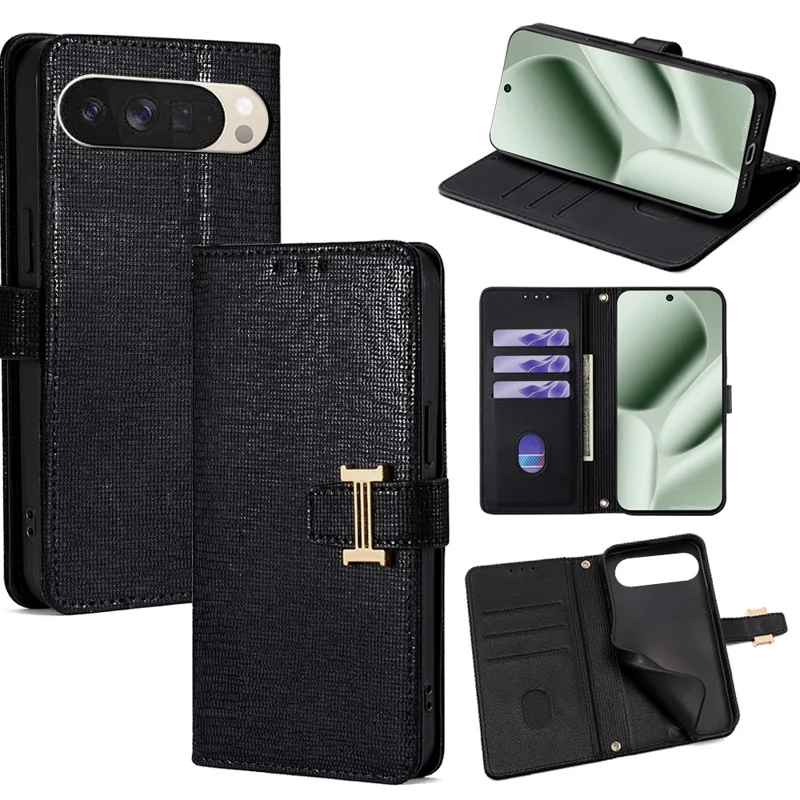 For Google Pixel 10 Case Metal I-Buckle PU Leather Wallet Phone Cover - Black