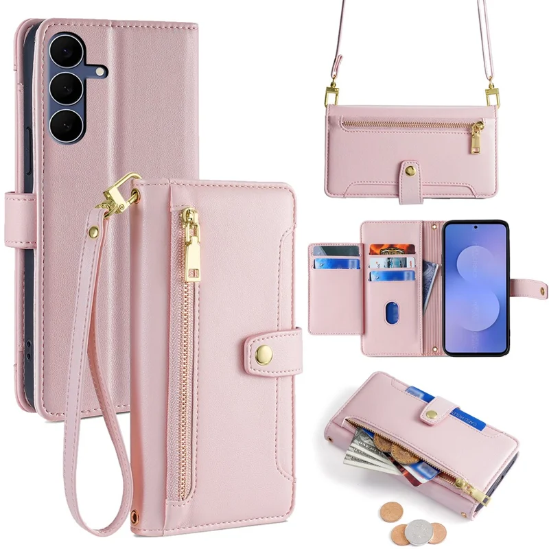Voor Samsung Galaxy S25 FE Leren Hoesje met Ritsvak Portemonnee Telefoonhoes met 2 Riemen - Roze