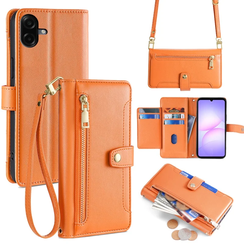 For Samsung Galaxy A07 4G Leather Case Zipper Pocket Wallet Phone Cover with 2 Straps - Orange