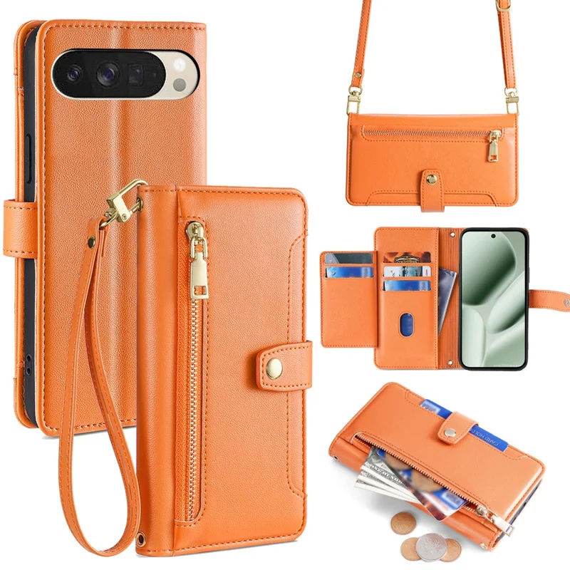 For Google Pixel 10 Leather Case Zipper Pocket Wallet Phone Cover with 2 Straps - Orange