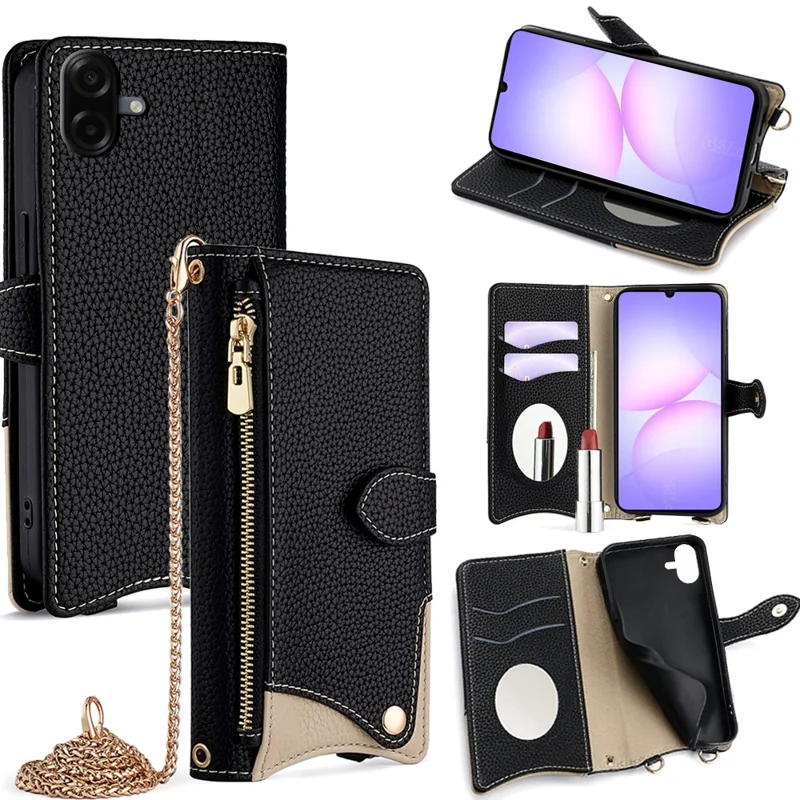 For Samsung Galaxy A07 4G Leather Case Wallet Stand Cover Irregular Tail Style with Chain Strap - Black