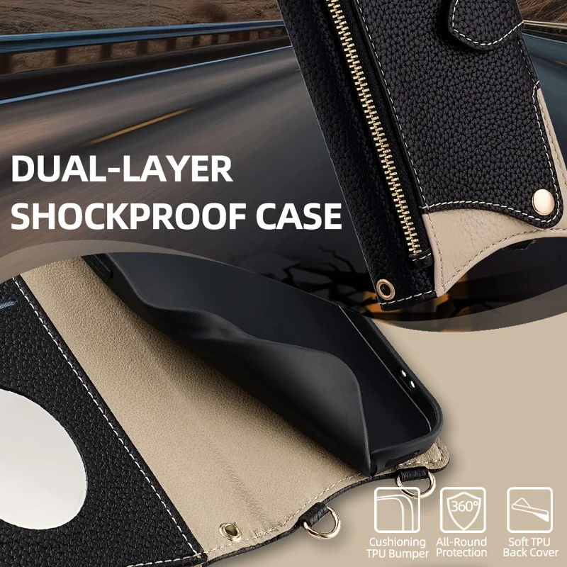 For Samsung Galaxy A07 4G Leather Case Wallet Stand Cover Irregular Tail Style with Chain Strap - Black