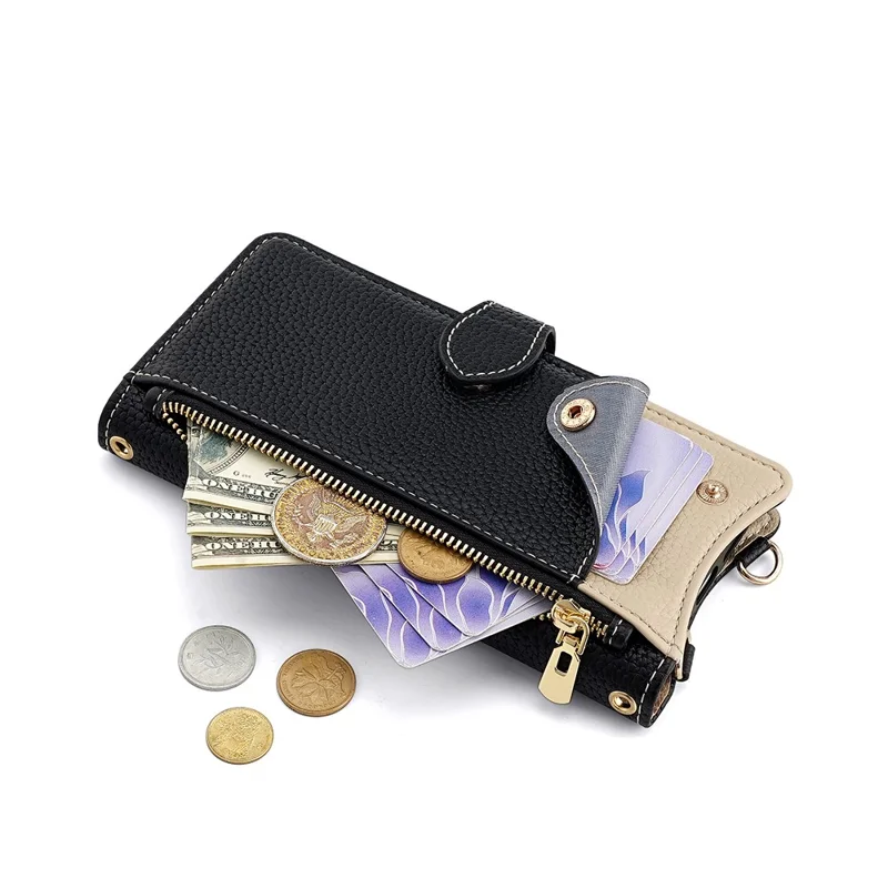 For Samsung Galaxy A07 4G Leather Case Wallet Stand Cover Irregular Tail Style with Chain Strap - Black