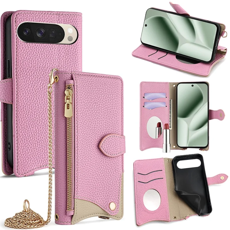 For Google Pixel 10 Leather Case Wallet Stand Cover Irregular Tail Style with Chain Strap - Pink