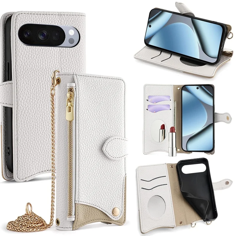 For Google Pixel 10 Pro XL Leather Case Wallet Stand Cover Irregular Tail Style with Chain Strap - White