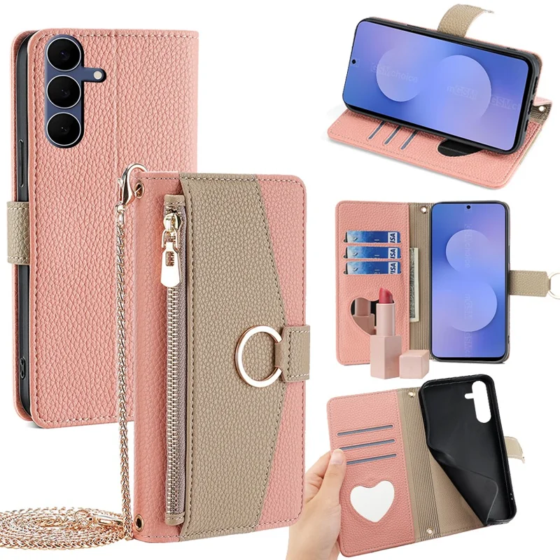 For Samsung Galaxy S25 FE Case Mirror Wallet Leather Phone Cover with Chain Shoulder Strap - Pink
