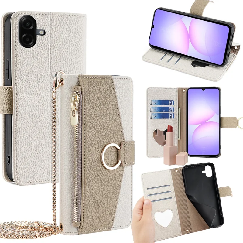 For Samsung Galaxy A07 4G Case Mirror Wallet Leather Phone Cover with Chain Shoulder Strap - White