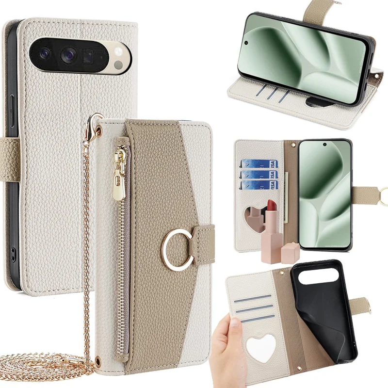 For Google Pixel 10 Case Mirror Wallet Leather Phone Cover with Chain Shoulder Strap - White