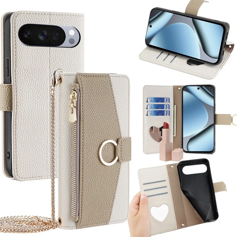 For Google Pixel 10 Pro XL Case Mirror Wallet Leather Phone Cover with Chain Shoulder Strap - White