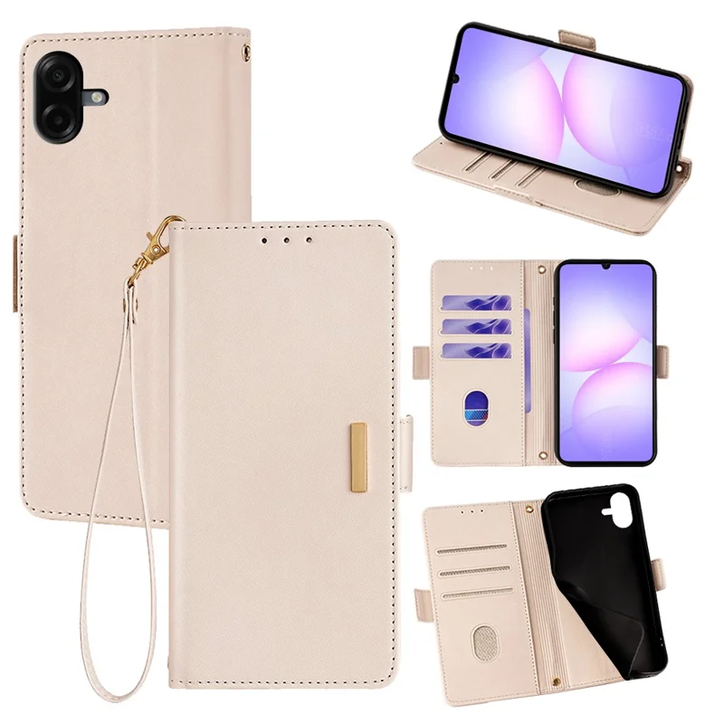 For Samsung Galaxy A07 4G Case RFID Blocking Wallet PU Leather Phone Cover with Wrist Strap - White