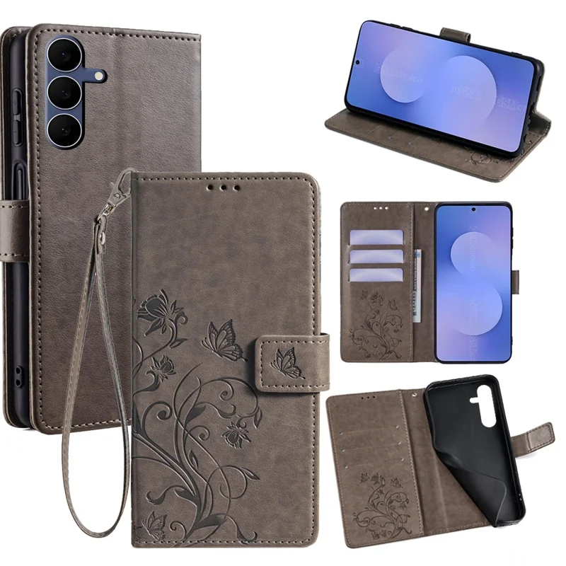 For Samsung Galaxy S25 FE Case Butterfly Flower Imprinted PU Leather Wallet Phone Cover - Grey