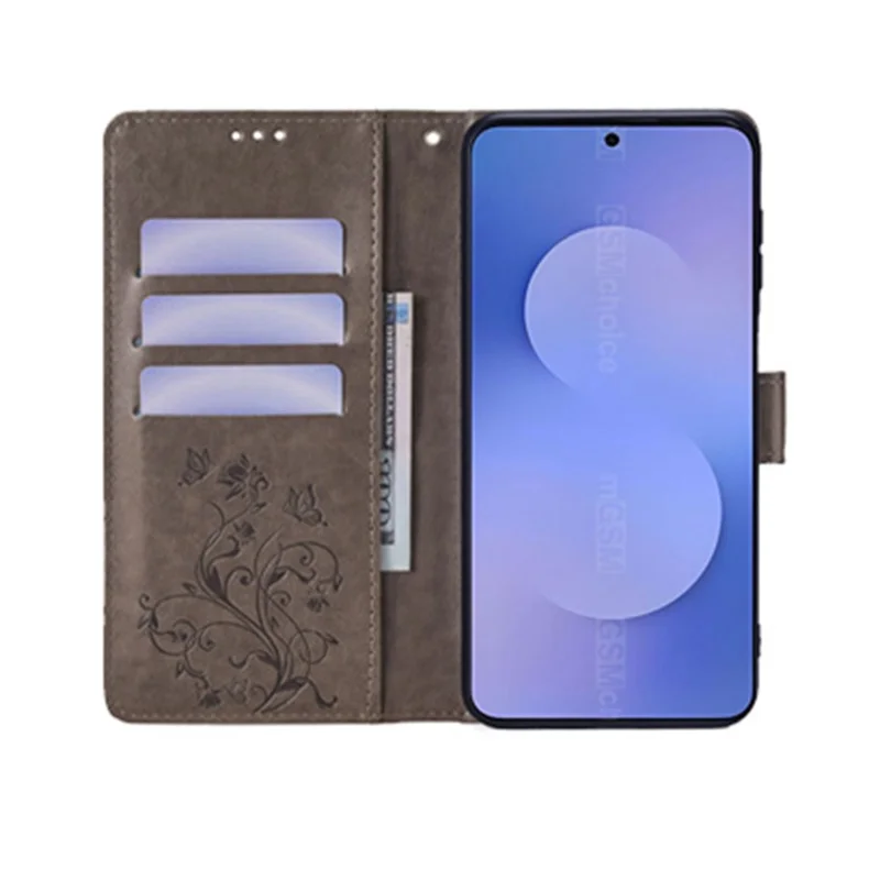 For Samsung Galaxy S25 FE Case Butterfly Flower Imprinted PU Leather Wallet Phone Cover - Grey