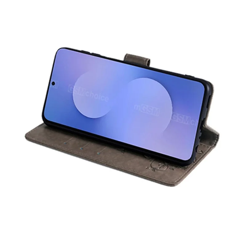 For Samsung Galaxy S25 FE Case Butterfly Flower Imprinted PU Leather Wallet Phone Cover - Grey