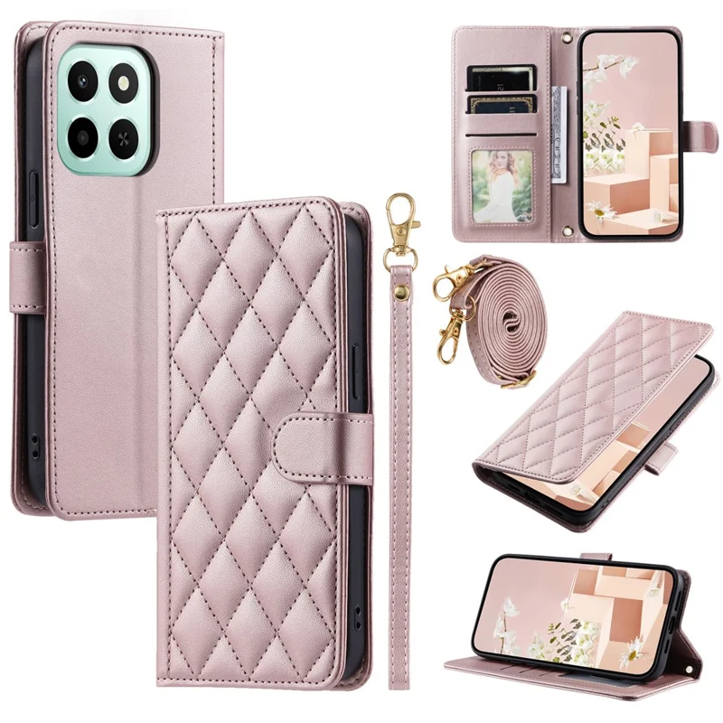 PU Leather Case for Honor X6c 4G / X6b 4G / X6a 4G Wallet Rhombus Grid Phone Cover with Shoulder Strap / Wrist Strap - Rose Gold