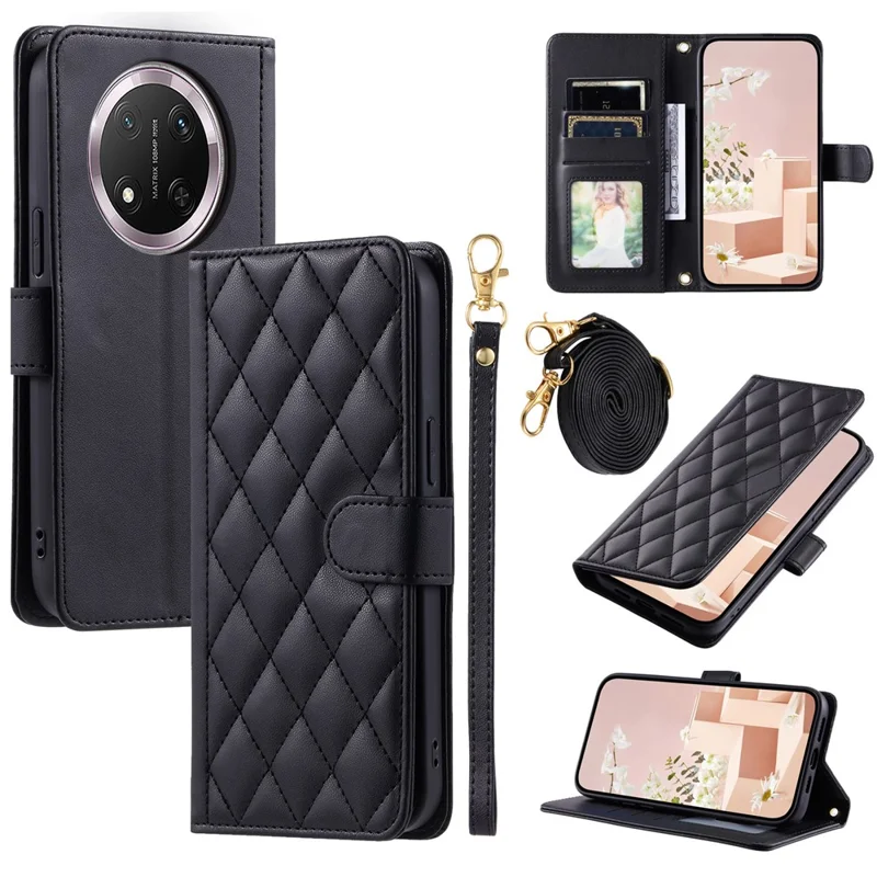 PU Leather Case for Honor X9c 5G / Magic7 Lite 5G / X60 Pro 5G Wallet Rhombus Grid Phone Cover with Shoulder Strap / Wrist Strap - Black