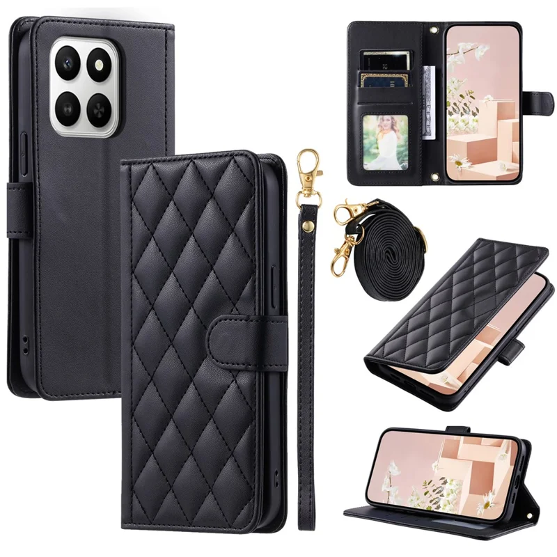 PU Leather Case for Honor 400 Smart 5G / 4G / X7d 5G / 4G Wallet Rhombus Grid Phone Cover with Shoulder Strap / Wrist Strap - Black