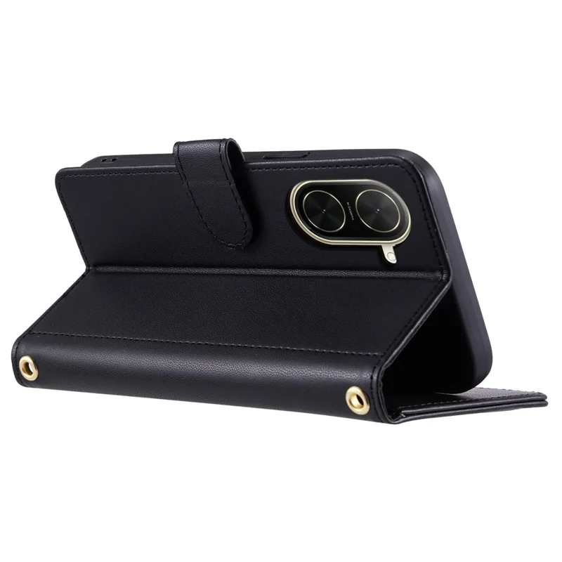 For Xiaomi Redmi A5 4G (171.7mm) / Poco C71 4G Case Wallet Rhombus Grid PU Leather Phone Cover with Shoulder Strap / Wrist Strap - Black