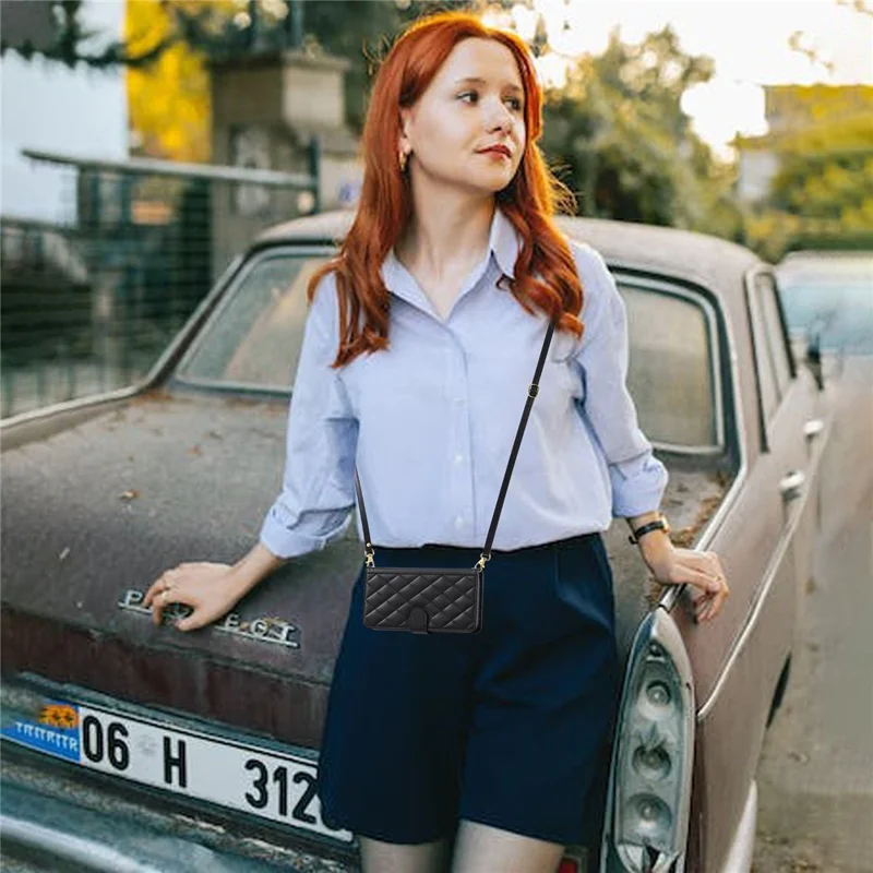 For Xiaomi Redmi A5 4G (171.7mm) / Poco C71 4G Case Wallet Rhombus Grid PU Leather Phone Cover with Shoulder Strap / Wrist Strap - Black