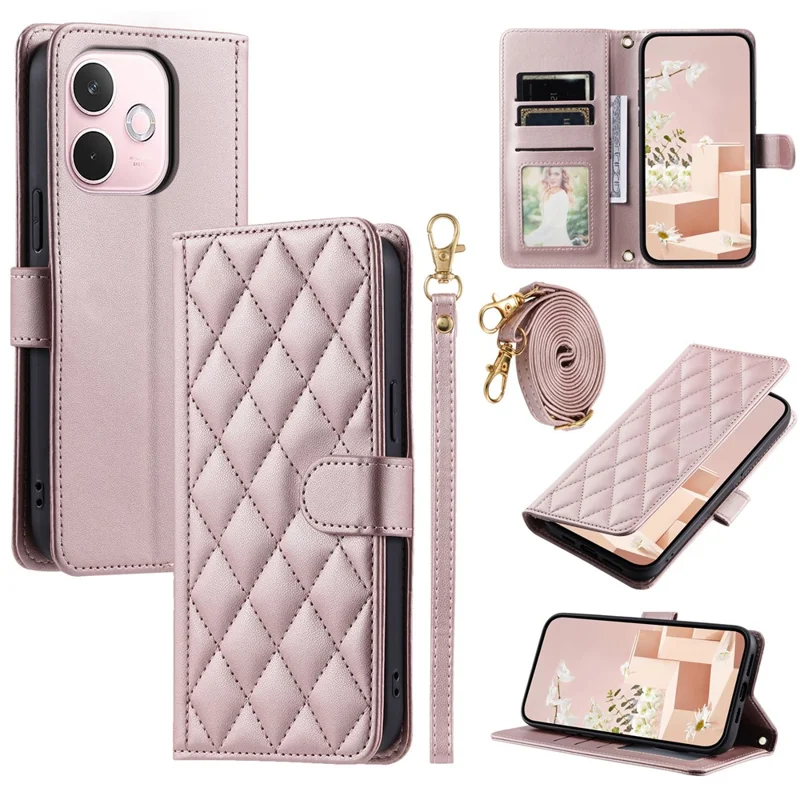 PU Leather Case for Oppo A5 Pro 5G (Global) / A5 Pro 4G (Global) / A5 Energy 5G (China) Wallet Rhombus Grid Phone Cover with Shoulder Strap / Wrist Strap - Rose Gold