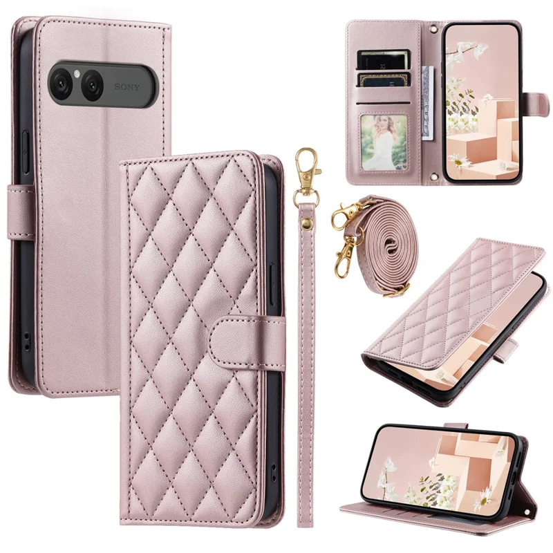 For Sony Xperia 10 VII Case Wallet Rhombus Grid PU Leather Phone Cover with Shoulder Strap / Wrist Strap - Rose Gold