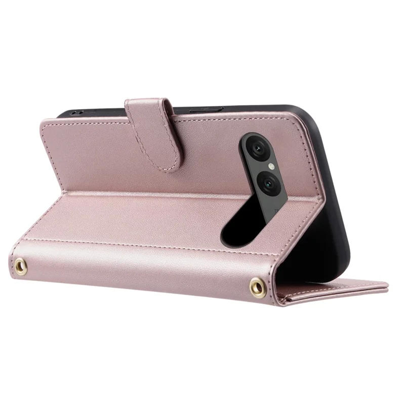 For Sony Xperia 10 VII Case Wallet Rhombus Grid PU Leather Phone Cover with Shoulder Strap / Wrist Strap - Rose Gold