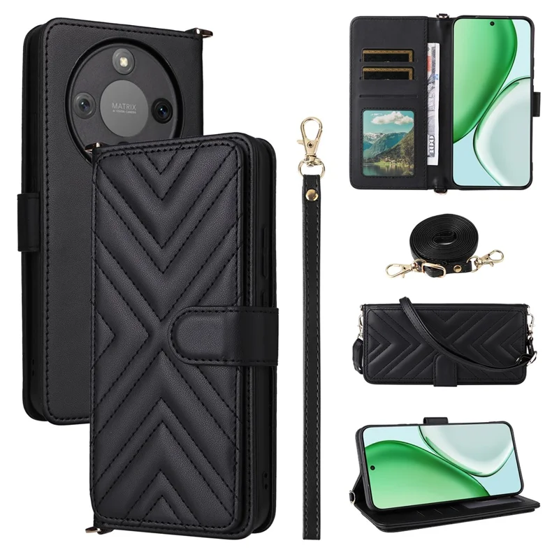 For Honor Magic8 Lite 5G / X9d 5G / X70 5G Case with Shoulder / Wrist Strap Leather Phone Cover Stand Wallet - Black
