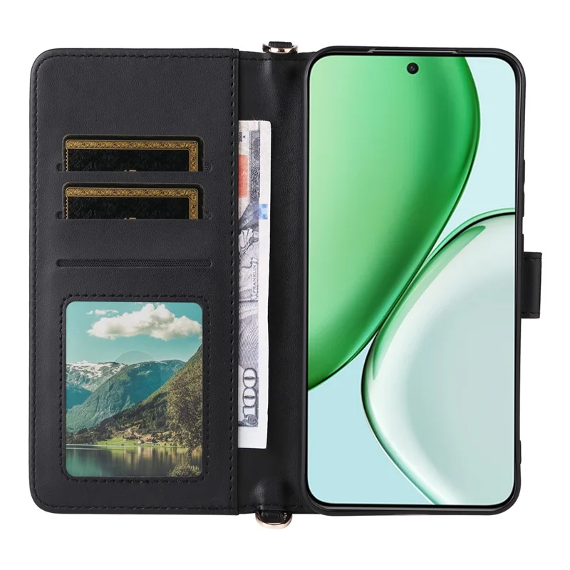 For Honor Magic8 Lite 5G / X9d 5G / X70 5G Case with Shoulder / Wrist Strap Leather Phone Cover Stand Wallet - Black