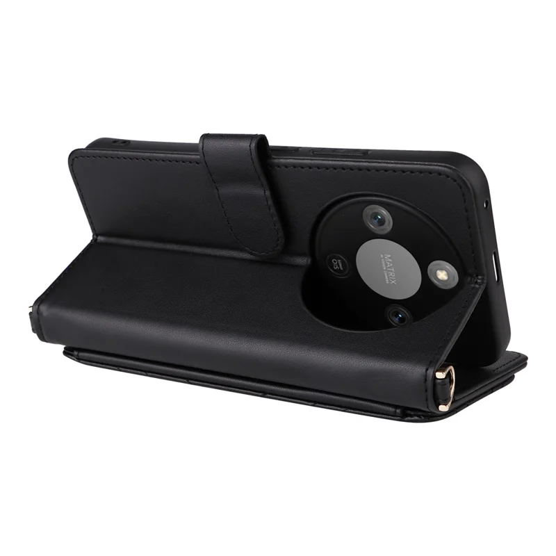 For Honor Magic8 Lite 5G / X9d 5G / X70 5G Case with Shoulder / Wrist Strap Leather Phone Cover Stand Wallet - Black