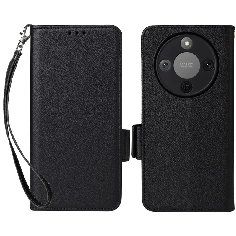For Honor Magic8 Lite 5G / X9d 5G / X70 5G Case Litchi Texture Wallet Leather Phone Cover with Wrist Strap - Black