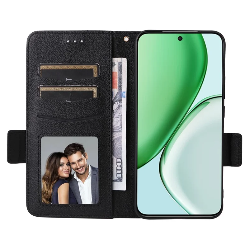 For Honor Magic8 Lite 5G / X9d 5G / X70 5G Case Litchi Texture Wallet Leather Phone Cover with Wrist Strap - Black