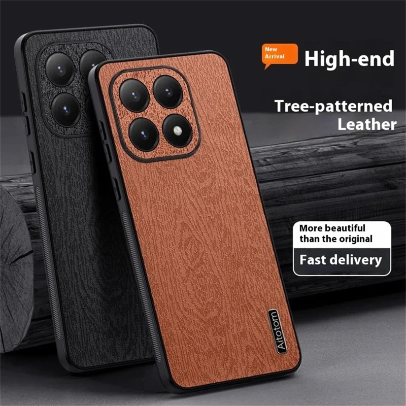 For Xiaomi 15T Case Wood Texture PU Leather Coated PC TPU Phone Cover - Brown