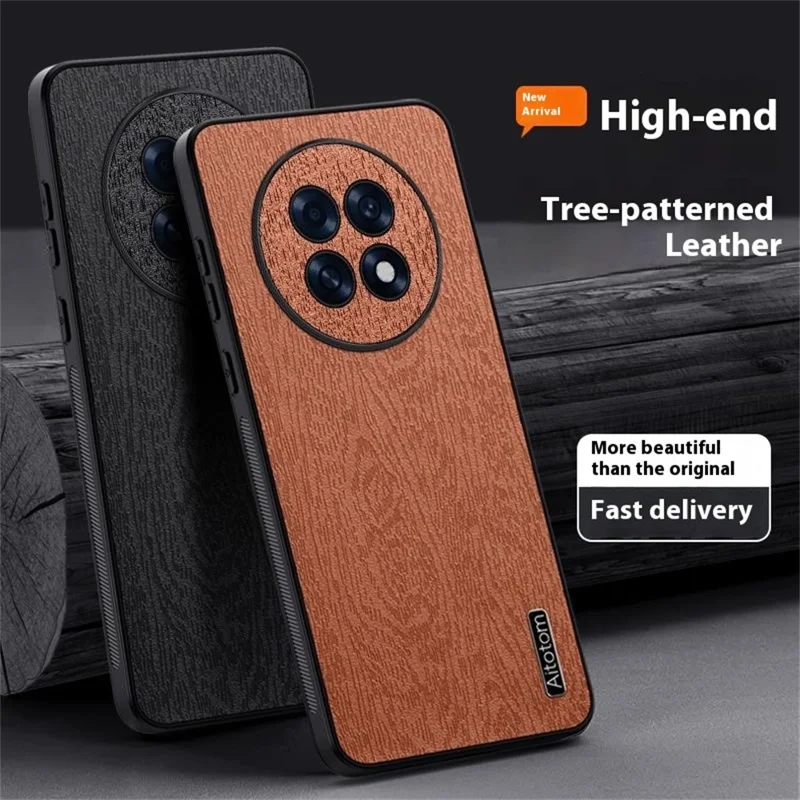 For Oppo A6 GT 5G Case Wood Texture PU Leather Coated PC TPU Phone Cover - Brown