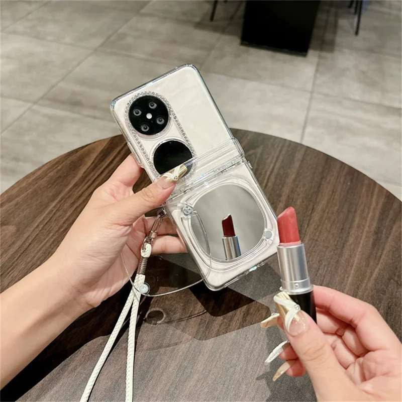 غطاء لهواوي بوكت 2 مع مرآة مكياج، غطاء قلّاب صلب من مادة البولي كربونات مع فيلم حماية زجاجي مقسّى للشاشة الخلفية - أبيض