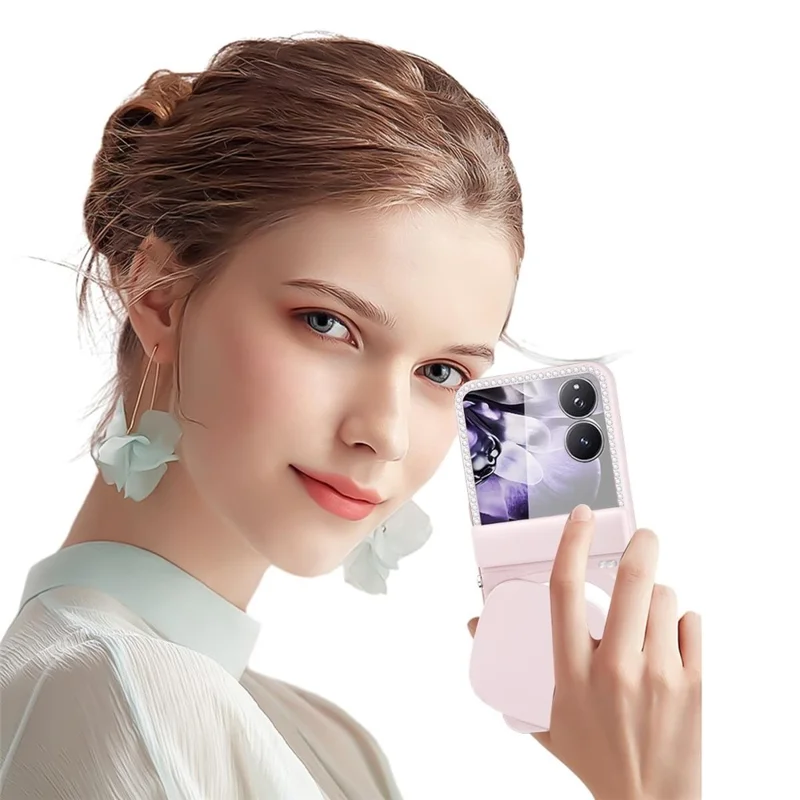 For Honor Magic V Flip 2 Case Makeup Mirror Hard PC Flip Phone Cover with Tempered Glass Rear Screen Film - Pink