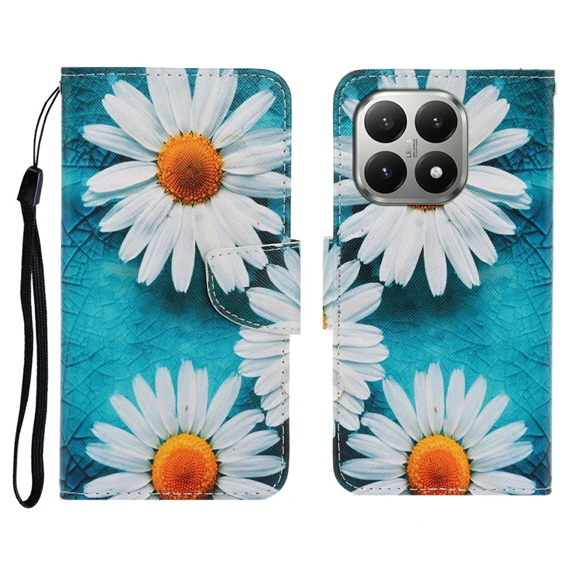 Funda de cuero con patrón de estampado para Xiaomi 15T, protectora tipo folio con correa de muñeca - Crisantemo