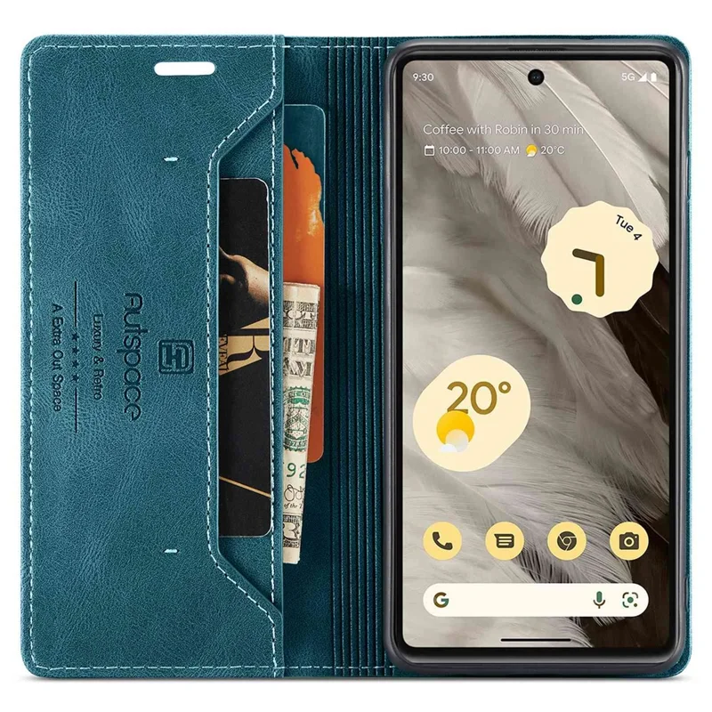 AUTSPACE A01 Series RFID Blocking Phone Case for Google Pixel 7 5G, PU Leather Drop Protection Magnetic Closure Vintage Matte Wallet Stand Cover - Blue