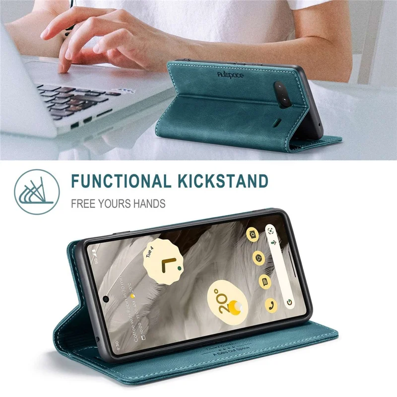 AUTSPACE A01 Series RFID Blocking Phone Case for Google Pixel 7 5G, PU Leather Drop Protection Magnetic Closure Vintage Matte Wallet Stand Cover - Blue