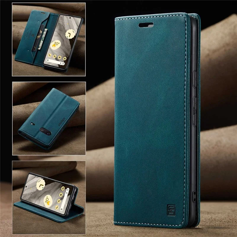 AUTSPACE A01 Series RFID Blocking Phone Case for Google Pixel 7 5G, PU Leather Drop Protection Magnetic Closure Vintage Matte Wallet Stand Cover - Blue