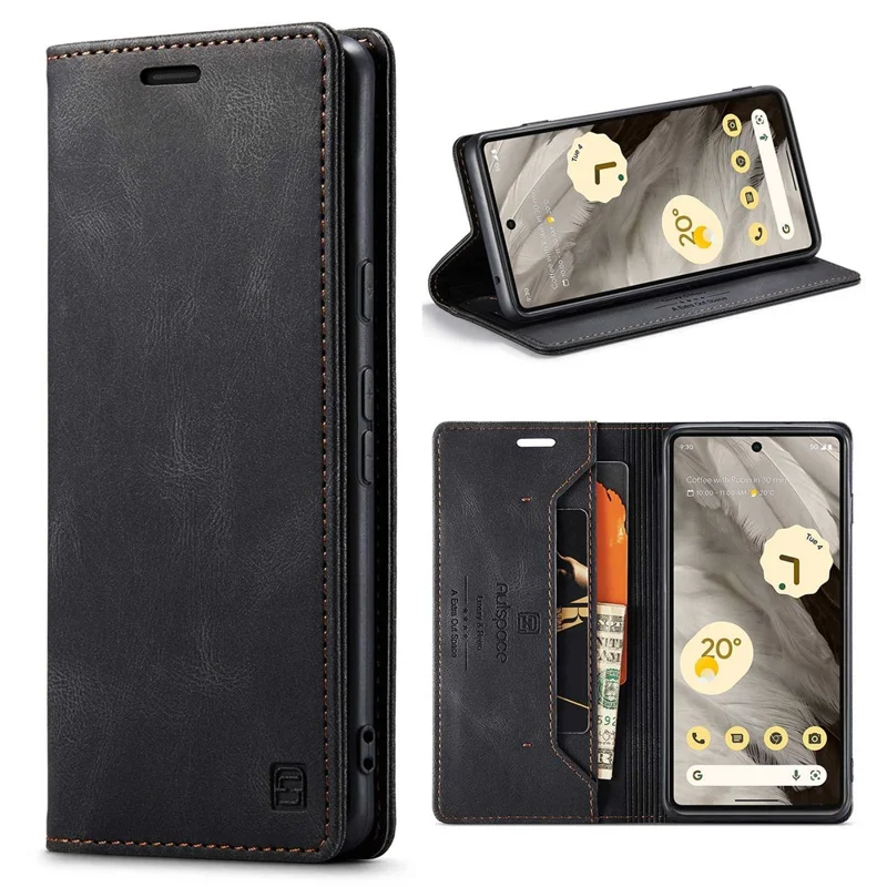 AUTSPACE A01 Series RFID Blocking Phone Case for Google Pixel 7 5G, PU Leather Drop Protection Magnetic Closure Vintage Matte Wallet Stand Cover - Black