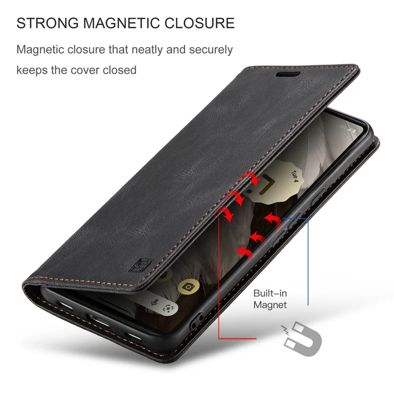 AUTSPACE A01 Series RFID Blocking Phone Case for Google Pixel 7 5G, PU Leather Drop Protection Magnetic Closure Vintage Matte Wallet Stand Cover - Black
