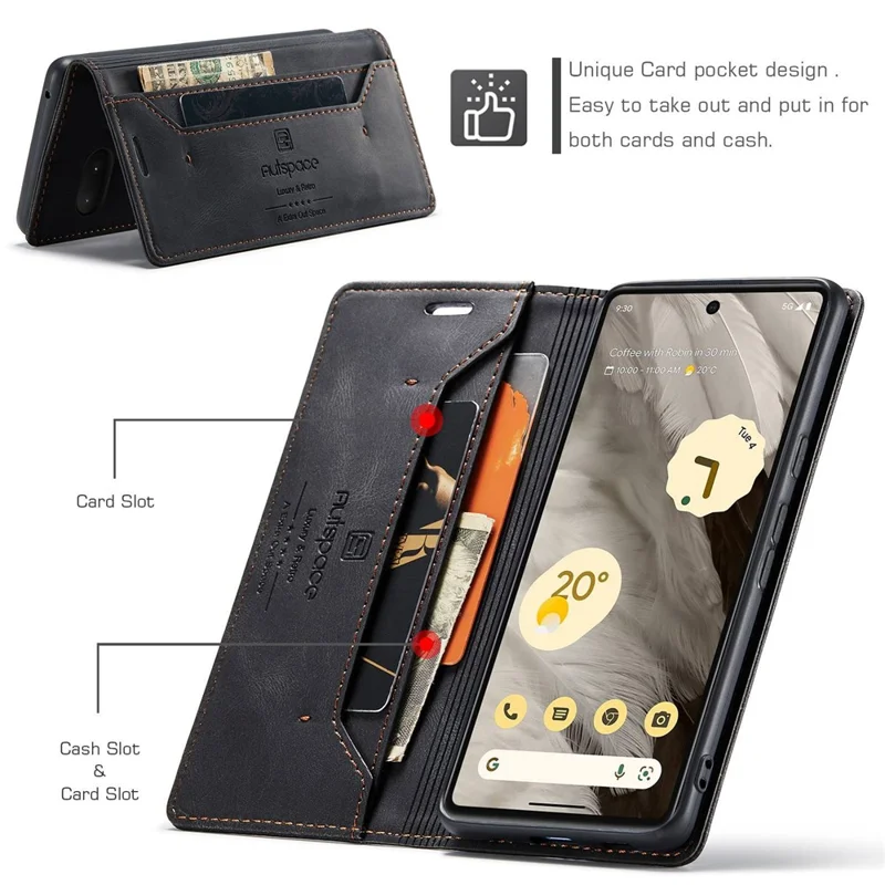 AUTSPACE A01 Series RFID Blocking Phone Case for Google Pixel 7 5G, PU Leather Drop Protection Magnetic Closure Vintage Matte Wallet Stand Cover - Black