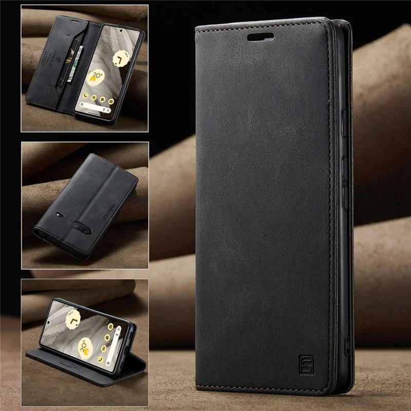AUTSPACE A01 Series RFID Blocking Phone Case for Google Pixel 7 5G, PU Leather Drop Protection Magnetic Closure Vintage Matte Wallet Stand Cover - Black