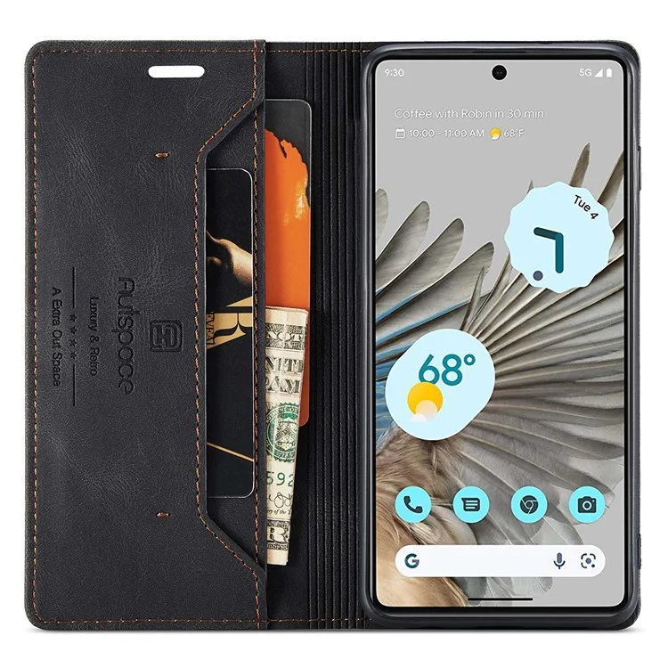 AUTSPACE A01 Series For Google Pixel 7 Pro 5G Retro Matte PU Leather Phone Case RFID Blocking Cover with Foldable Stand Wallet - Black