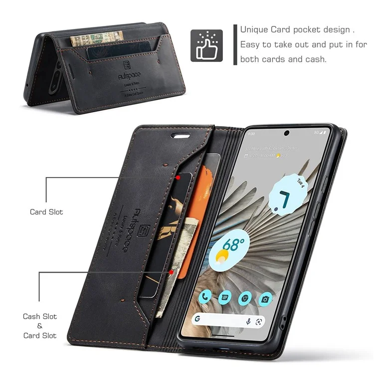 AUTSPACE A01 Series For Google Pixel 7 Pro 5G Retro Matte PU Leather Phone Case RFID Blocking Cover with Foldable Stand Wallet - Black
