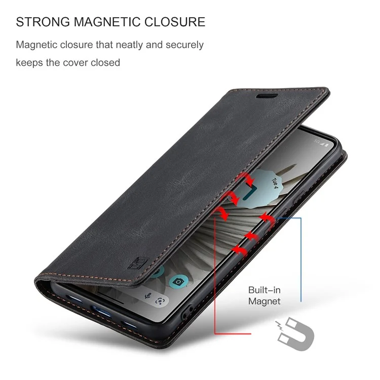 AUTSPACE A01 Series For Google Pixel 7 Pro 5G Retro Matte PU Leather Phone Case RFID Blocking Cover with Foldable Stand Wallet - Black