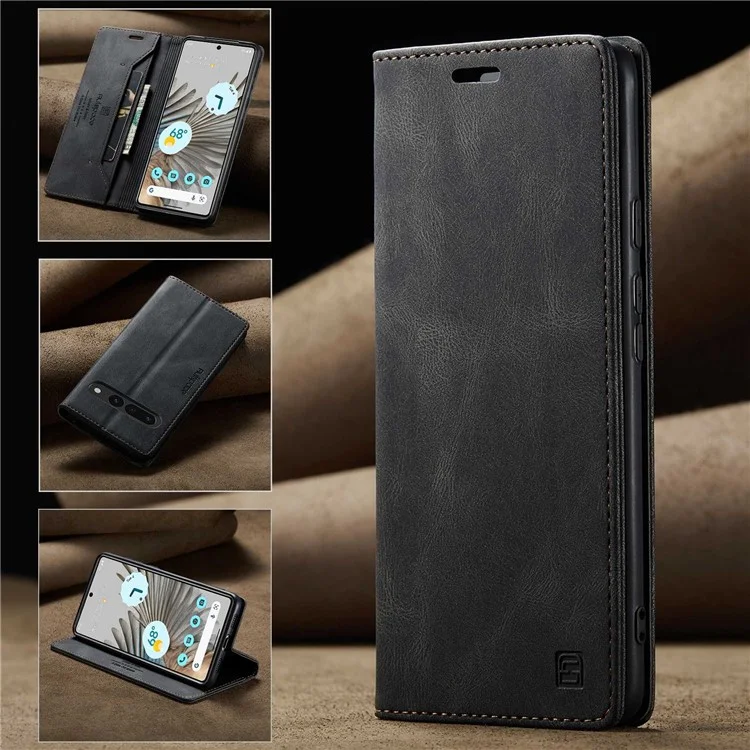 AUTSPACE A01 Series For Google Pixel 7 Pro 5G Retro Matte PU Leather Phone Case RFID Blocking Cover with Foldable Stand Wallet - Black