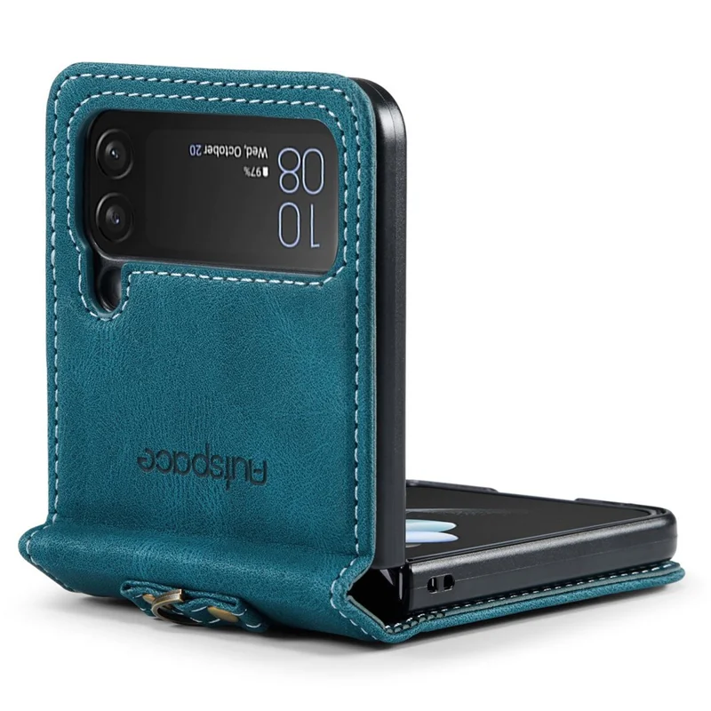 AUTSPACE A01 Series Shockproof Case for Samsung Galaxy Z Flip4 5G PU Leather + PC Vintage Matte Protective Case with Strap - Blue
