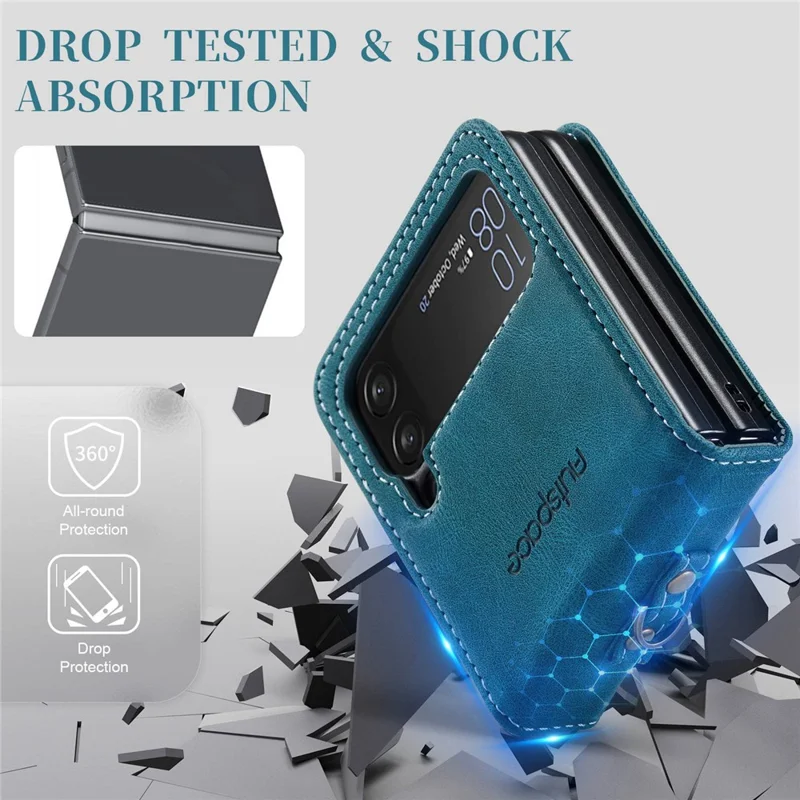 AUTSPACE A01 Series Shockproof Case for Samsung Galaxy Z Flip4 5G PU Leather + PC Vintage Matte Protective Case with Strap - Blue